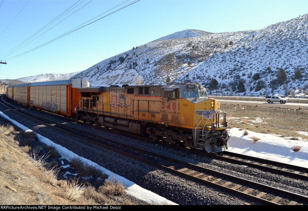 One unit wonder, UP 5481 (C45ACCTE or ES44AC) leads a westbound empty autorack train through Echo Canyon, Utah (near Baskin) February 19, 2022 {Winter Echofest}